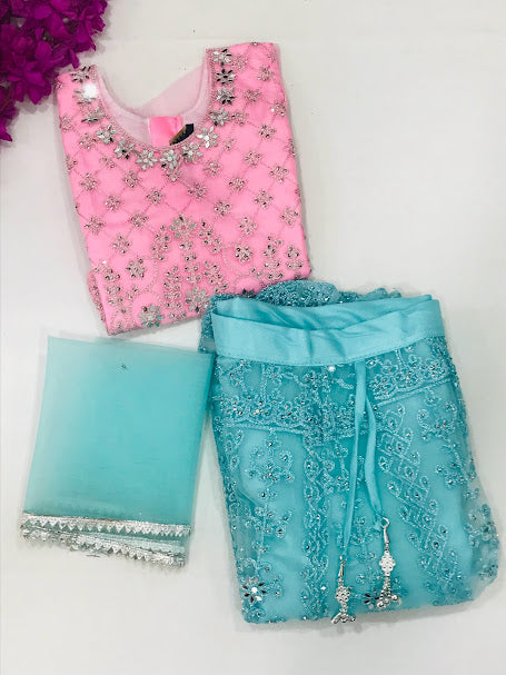 Beautiful Pink And Blue Party Wear Kids Choli Set With Mirror And Embroidery Work
