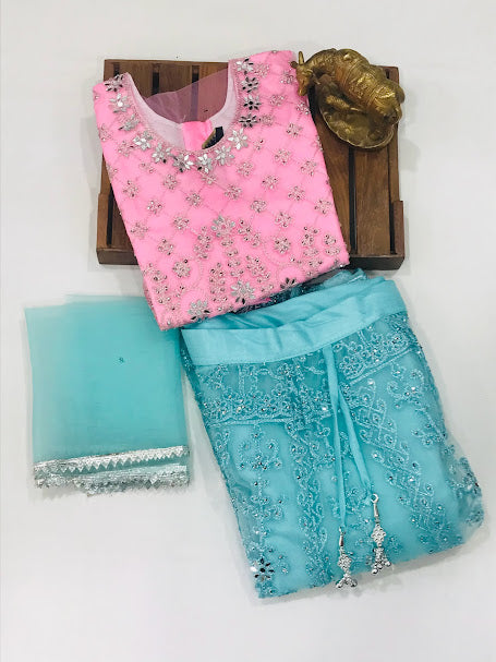 Beautiful Pink And Blue Party Wear Kids Choli Set With Mirror And Embroidery Work Near Me