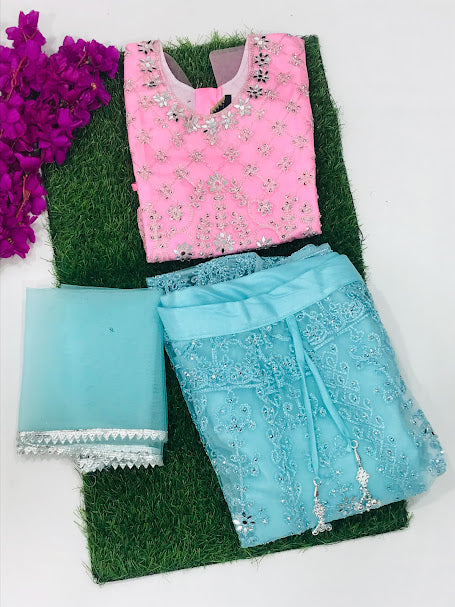 Beautiful Pink And Blue Party Wear Kids Choli Set With Mirror And Embroidery Work In Tempe