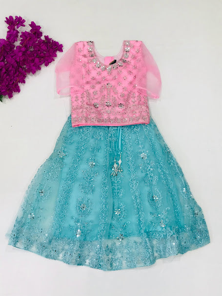 Beautiful Pink And Blue Party Wear Kids Choli Set With Mirror And Embroidery Work In Yuma