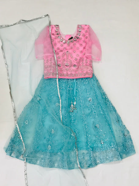 Beautiful Pink And Blue Party Wear Kids Choli Set With Mirror And Embroidery Work In Mesa