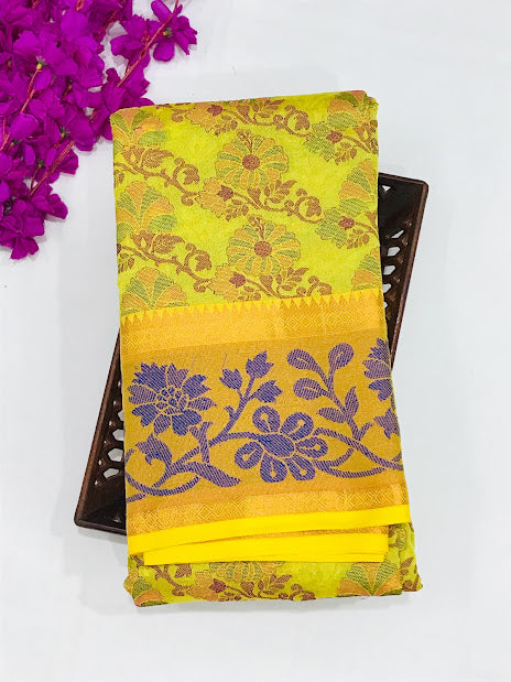 Yellow Color Cotton Saree With Flower Motifs And Contrast Rich Pallu Near Me