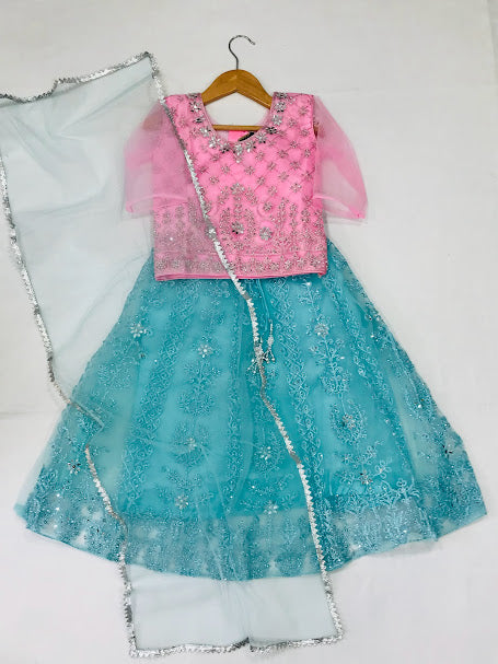 Beautiful Pink And Blue Party Wear Kids Choli Set With Mirror And Embroidery Work In Chandler