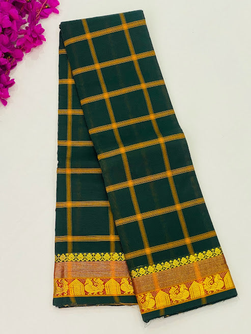 Appealing Dark Green Color Chettinad Cotton Saree With Thread Work Border
