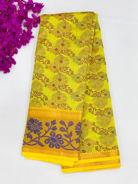 Cotton Saree With Flower Motifs And Contrast Rich Pallu in Sun City