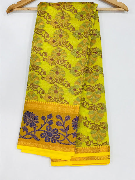 Charming Yellow Color Cotton Saree With Flower Motifs And Contrast Rich Pallu