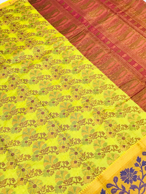 Charming Yellow Color Cotton Saree With Flower Motifs And Contrast Rich Pallu