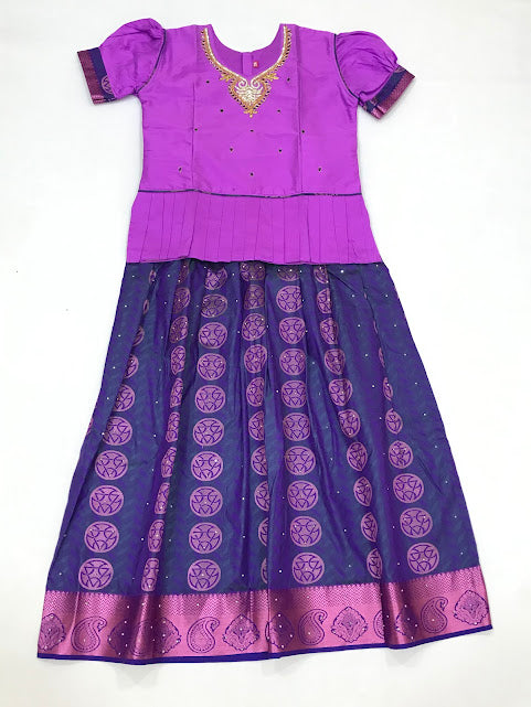 Appealing Violet Colored Silk Embroidery Work Langa Sets For Girls