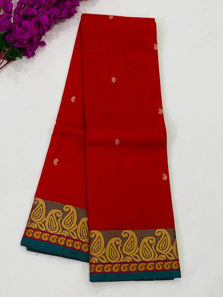 Mesmerizing Red Color Pure Cotton Butta Saree With Mango Border