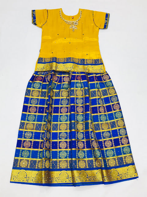 Gorgeous Blue Colored Embroidery And Stone Work Silk Langa Sets For Girls