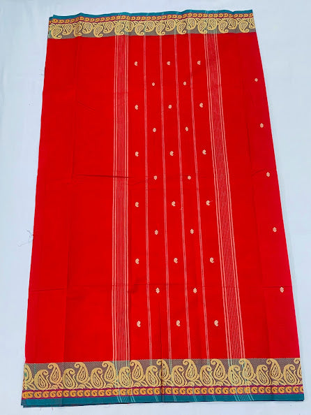 Mesmerizing Red Color Pure Cotton Butta Saree With Mango Border In USA