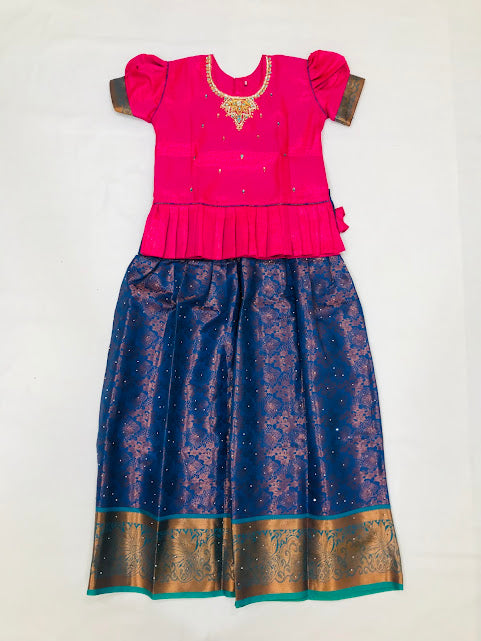 Appealing Pink Colored Embroidery And Stone Work Silk Langa Sets For Girls