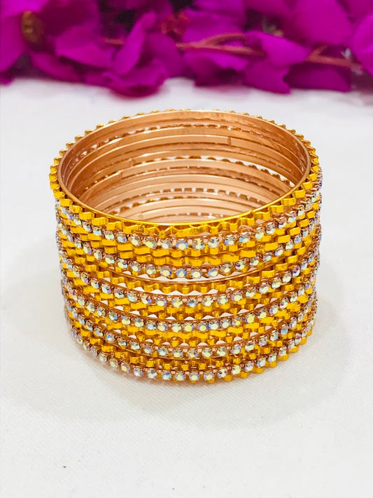 Appealing Yellow Colored Designer Bangles With White Stones