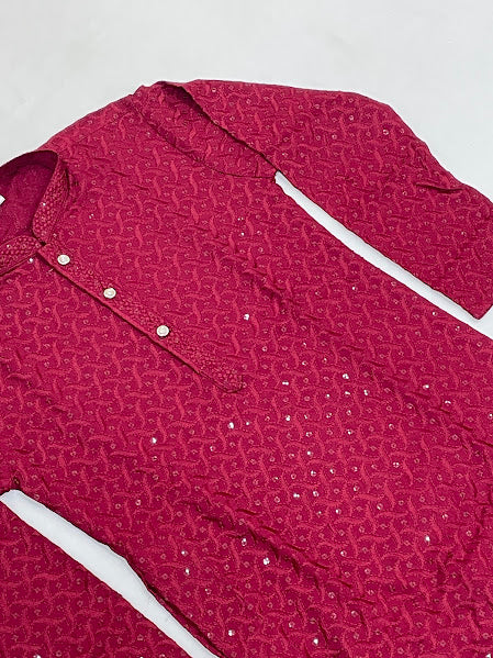 Red Color Sequins Work Kurta Set In Yuma
