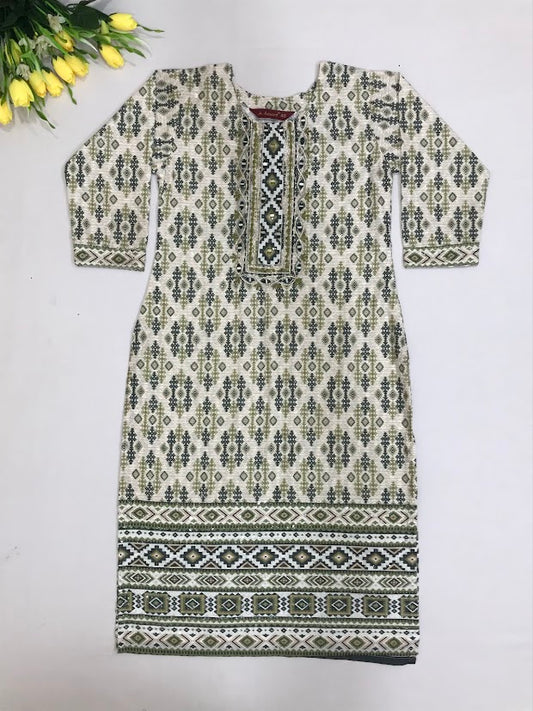 Appealing Green Color Cotton With Embroidery And Mirror Work Kurti For Girls
