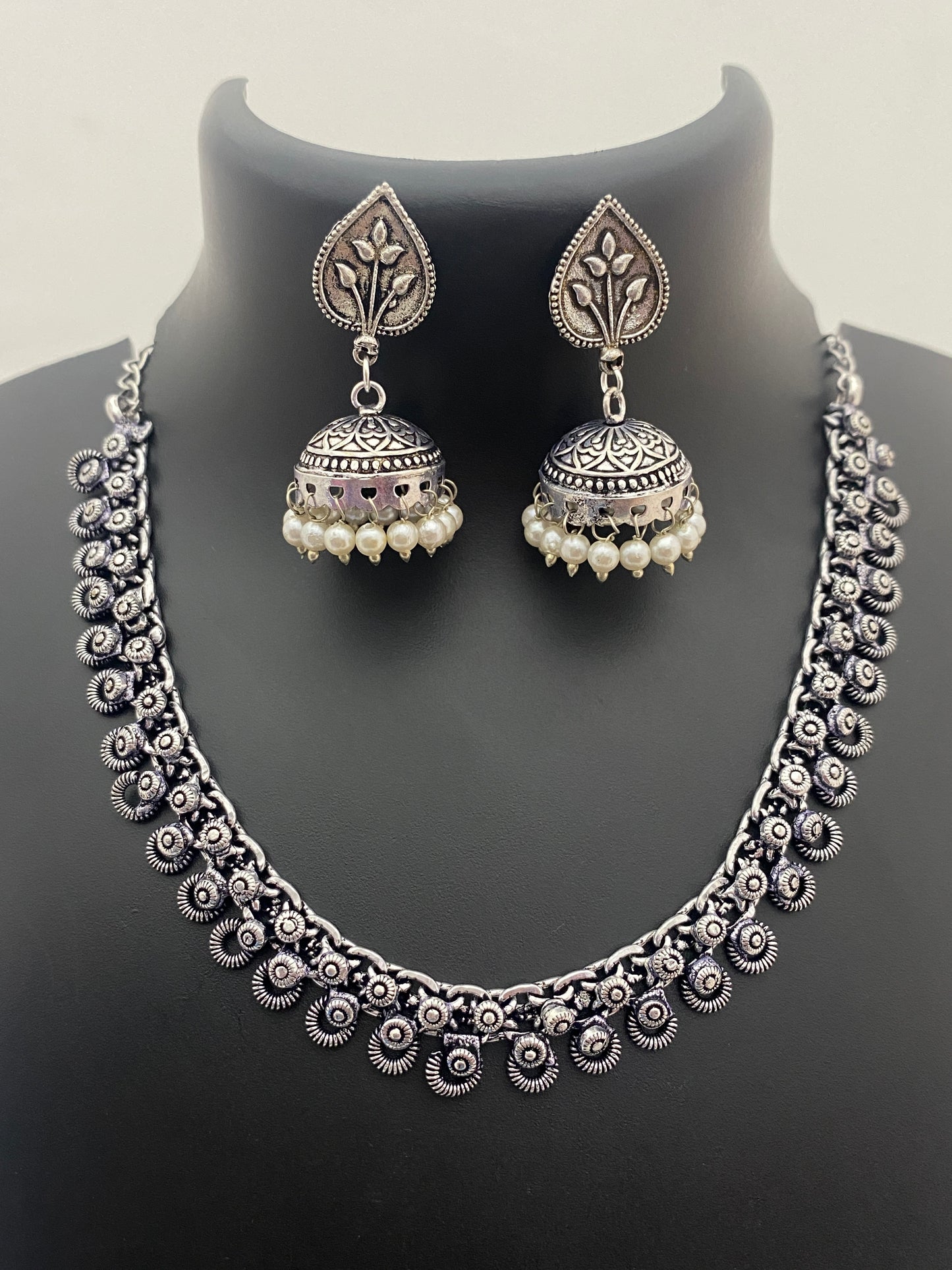 Beautiful German Silver Plated Oxidized Necklace Set With Pearls