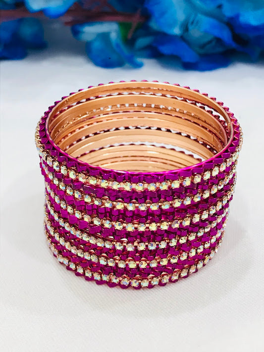 Dazzling Purple Color Party Wear Designer Bangles With White Stones