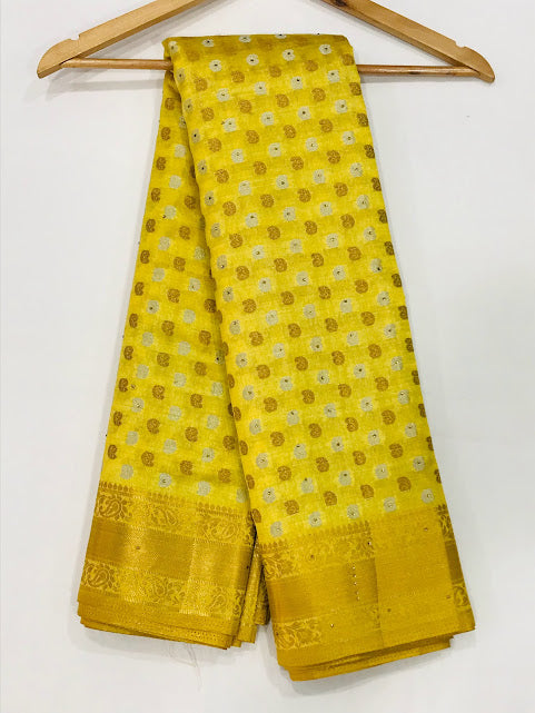 Gorgeous Yellow Color With Contrast Golden Pallu Silk Cotton Saree For Women Near Me