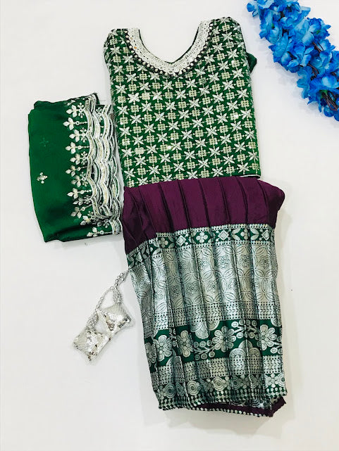 Gorgeous Green Colored Silk Embroidery Work Choli Sets For Girls