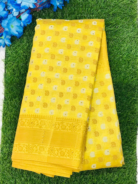 Gorgeous Yellow Color With Contrast Golden Pallu Silk Cotton Saree For Women In Chandler