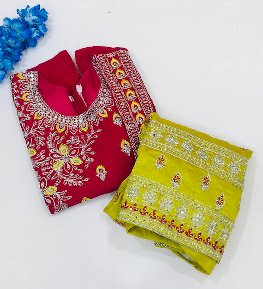 Appealing Red And Green Color Embroidery And Mirror Work Choli Sets For Girls