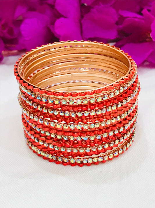 Appealing Orange Colored Fancy Metal Bangles With White Stones