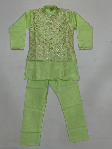 Beautiful Pista Green Color Silk Sherwani And Jacket Suits With Sequins Work For Boys