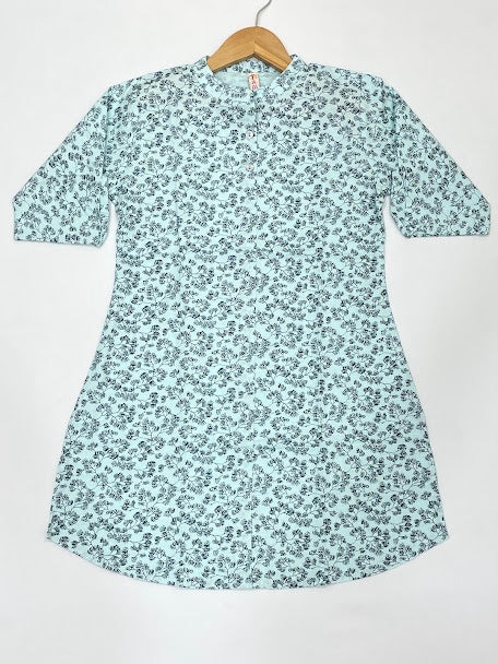 Exquisite Light Blue Cotton Kurti With Printed Work For Girls