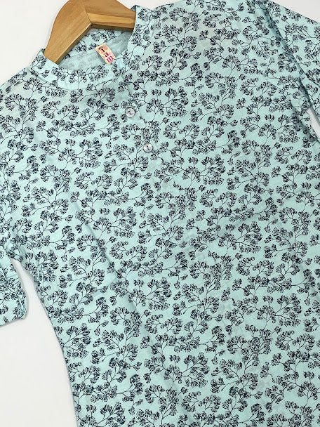 Exquisite Light Blue Cotton Kurti With Printed Work For Girls