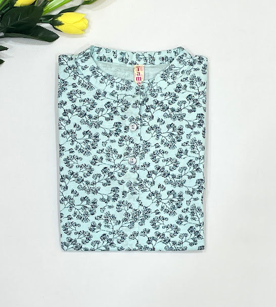 Exquisite Light Blue Cotton Kurti With Printed Work For Girls
