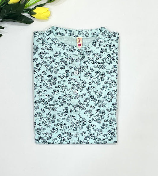 Exquisite Light Blue Cotton Kurti With Printed Work For Girls