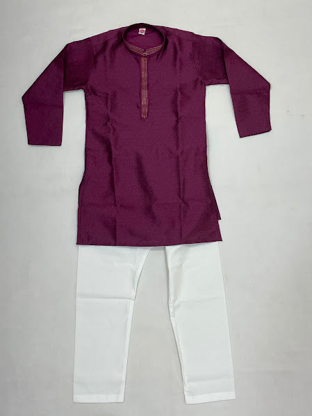 Stunning Purple Color Silk Embroidery And Zari Work Kurta Set For Boys