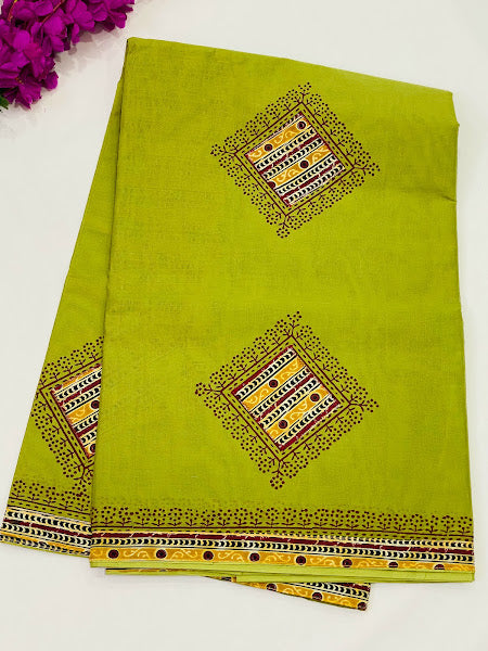 Dazzling Green Color Batik Printed Cotton Saree With Contrast Blouse