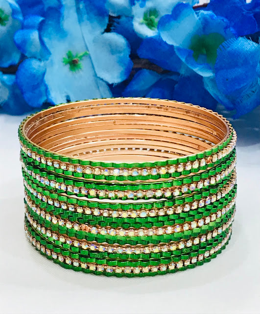 Exquisite Green Color Metal Bangles With Stones For Women