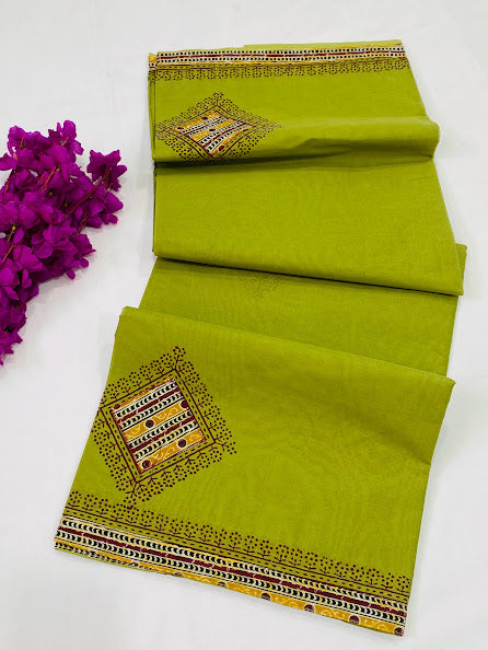 Dazzling Green Color Batik Printed Cotton Saree With Contrast Blouse In USA