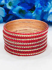 Appealing Red Color Metal Bangles With White Stones For Women