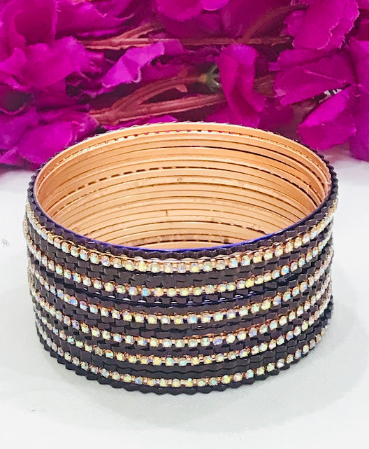 Amazing Dark Blue Colored Metal Bangles With Glister White Stones For Women