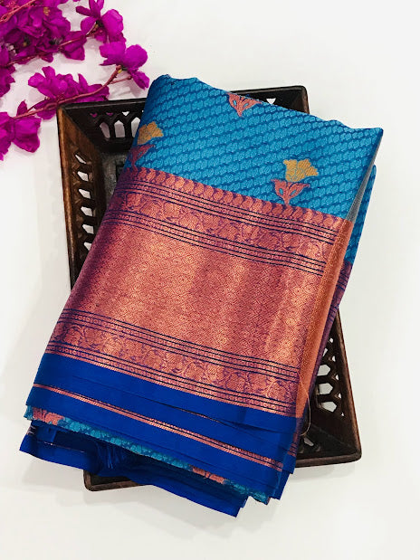 Blue Color Designer Art Silk Saree With Flower Motifs Near Me