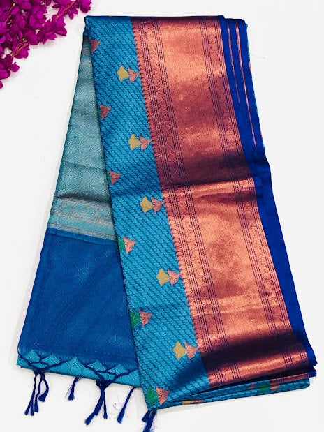 Magnificent Blue Color Designer Art Silk Saree With Flower Motifs And Zari Border With Fancy Tassels