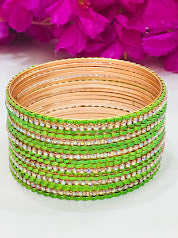 Dazzling Green Colored Metal Bangles With Stones For Women