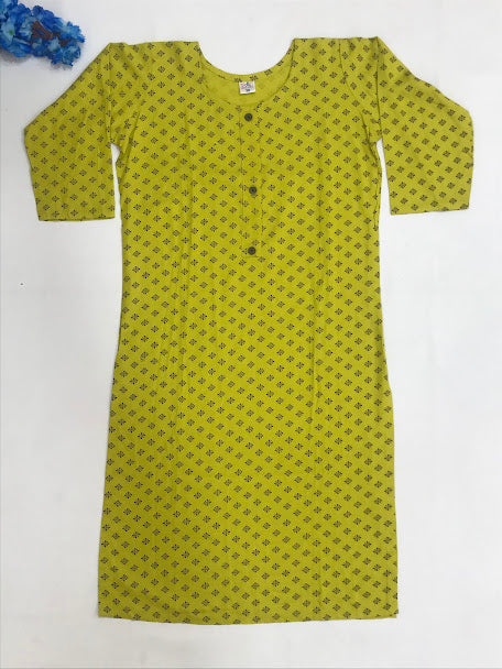 Elegant Yellow Color Rayon With Printed Work Kurti For Girls