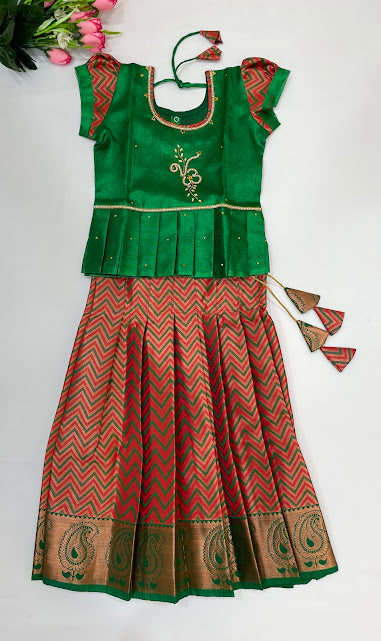 Stunning Green Color Silk Langa Sets With Stone Work For Women