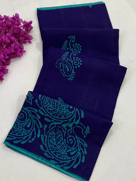 Attractive Blue Color Batik Printed Pure Cotton Saree In USA