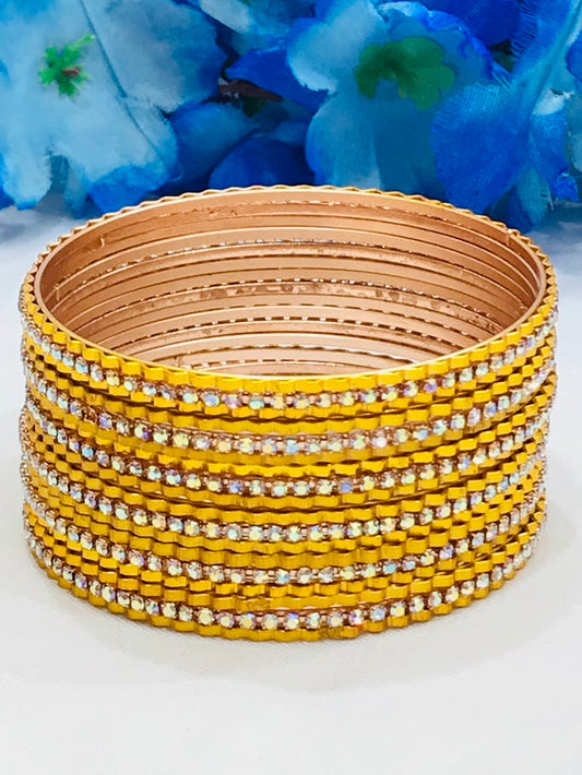 Beautiful Yellow Color Stone Design Party Wear Metal Bangles For Women 