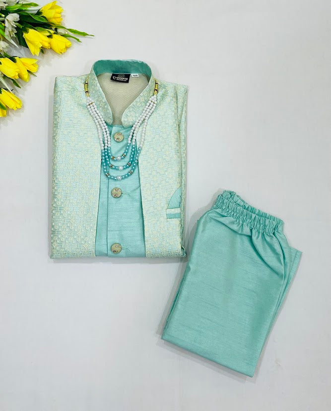 Stunning Sky Blue Color Silk Cotton Sherwani And Jacket Suits With Embroidery Work Near Me