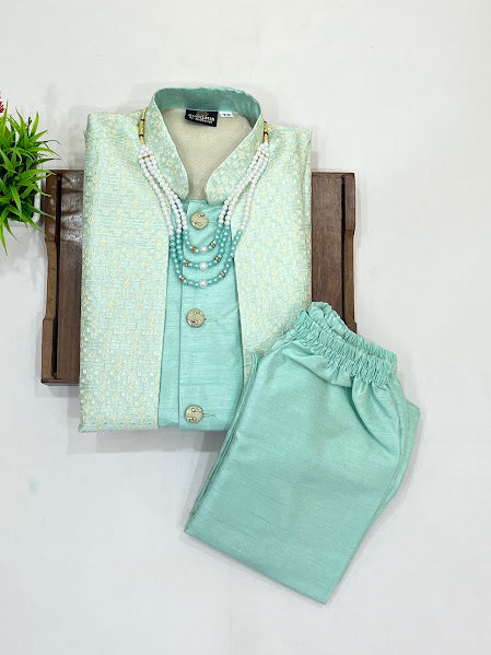Sky Blue Color Silk Cotton Sherwani And Jacket Suits With Embroidery Work In USA