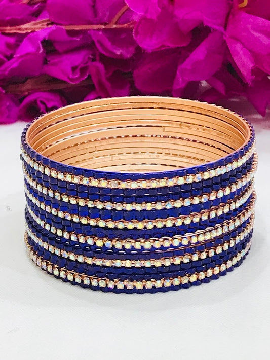 Attractive Blue Color Stone Work Party Wear Metal Bangles For Women