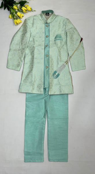 Stunning Sky Blue Color Silk Cotton Sherwani And Jacket Suits With Embroidery Work For Boys