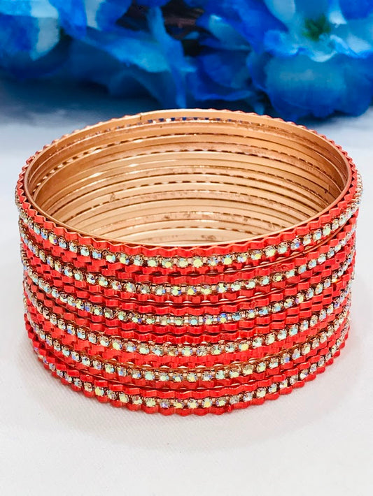 Dazzling Red Color Stone Worked Party Wear Metal Bangles For Women