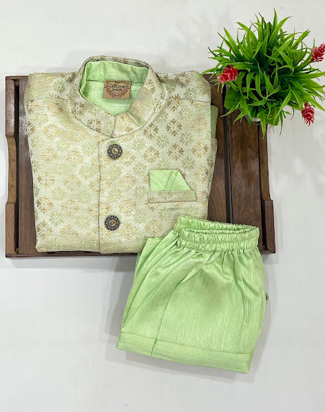 Light Green Color Silk Cotton Sherwani And Jacket Suits With Embroidery Work In USA